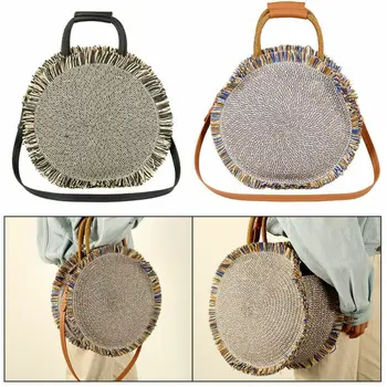 

2019 Women's Straw Bag Circular Boho Beach Tassel Handbag Woven Bag Round Fringed Tote Bag