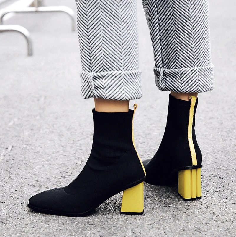 

New Design 2018 Women Short Sock Boots Black 7cm Square High Heels Ladies Botines Mujer Red Yellow Heels Botas Feminino Shoes
