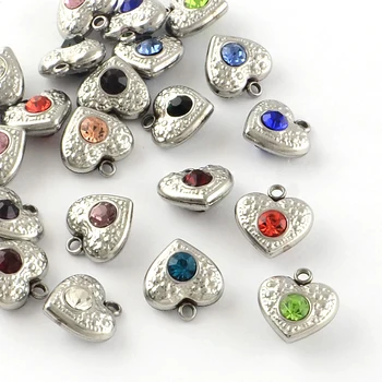 

50pcs Mixed Color 304 Stainless Steel Rhinestone Heart Charms Pendants jewelry making 13x12x6mm, Hole: 1.5mm F80