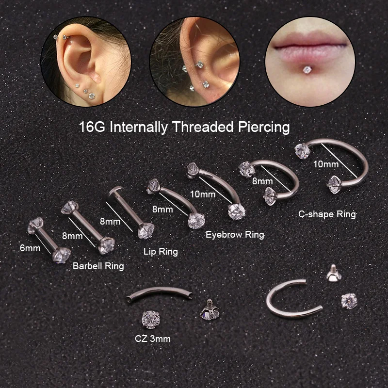 Feelgood 16G Cz с внутренней резьбой Кольцо для бровей губ носа подковы перегородки