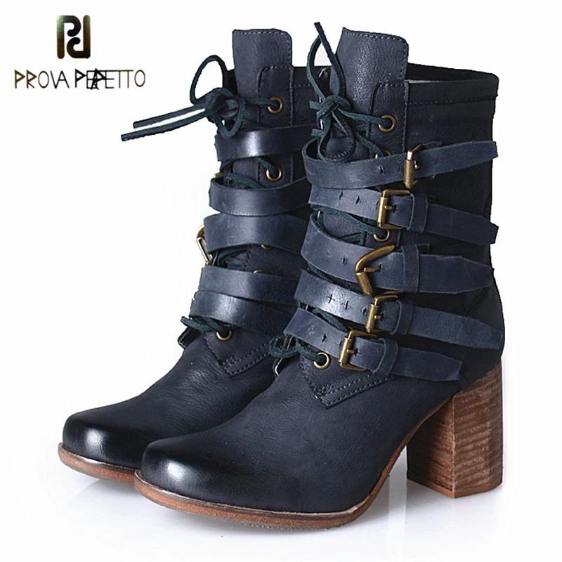 

Prova Perfetto Newest British Styles Cow Natural Leather Thick Bottom Heels Boots For Women Fashion Autumn Or Winter Ankle Boots