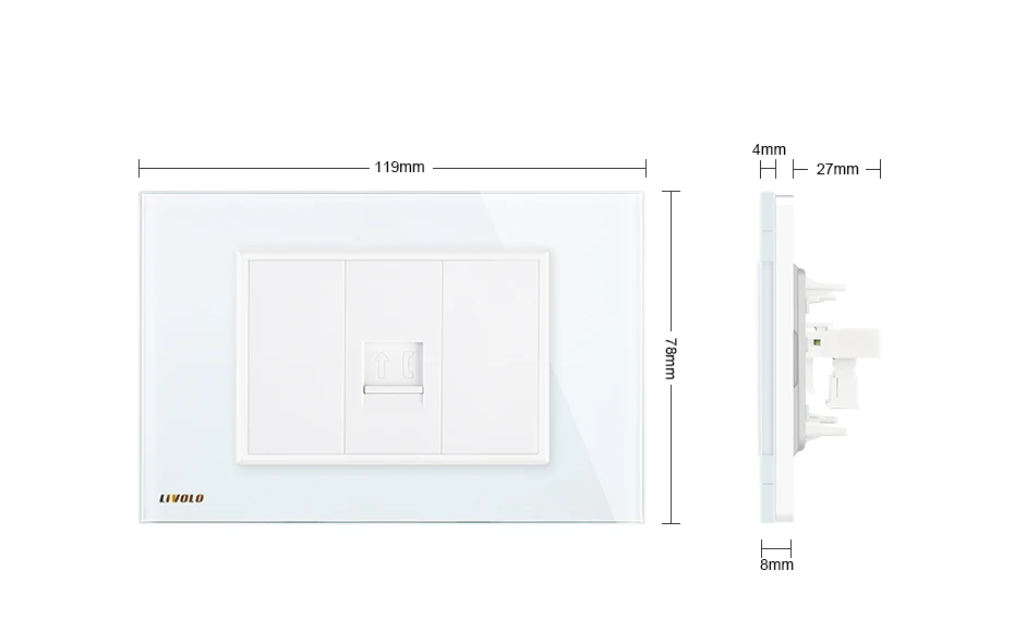 Производитель Livolo ТЕЛ розетка, электрическая розетка Универсальная, белый кристалл GlassPanel, одна группа телефонная вилка, VL-C91T-11