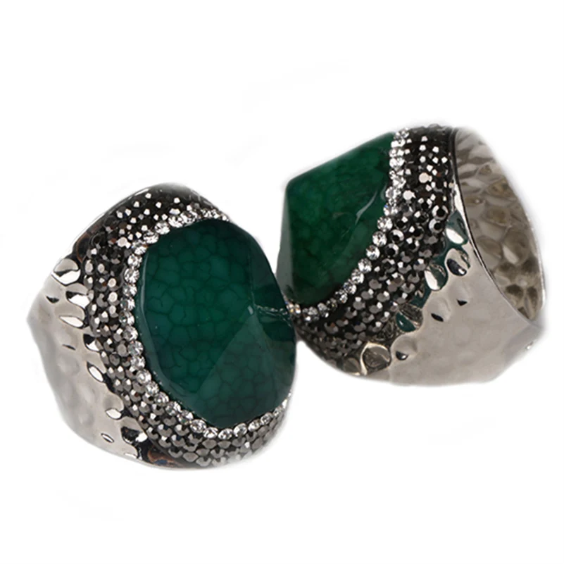 

Big Dark Green Faceted Cut Onyx Semi Precious Stone Charm Gold Silver Hammered Adjustable Wide Wrap Open Ring Cuff For Women Man