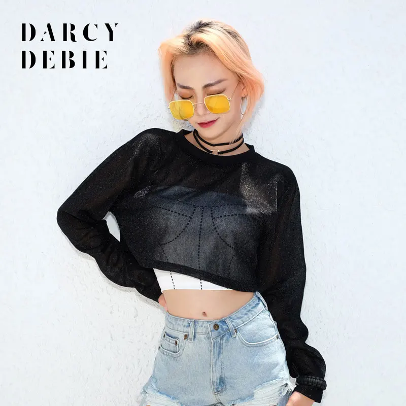 Сексуальная блестящая Женская сетка Darcydebie весенние прозрачные черные футболки