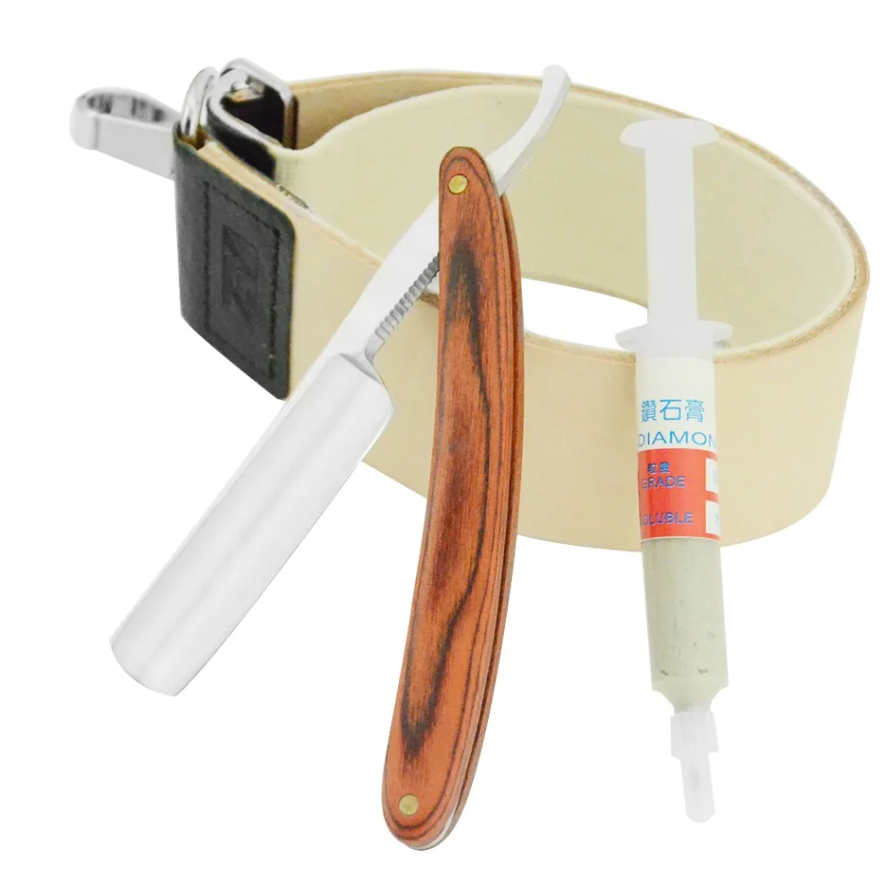 ZY Mans Straight Shaving Razor Folding Knife Cut Throat Set + Leather