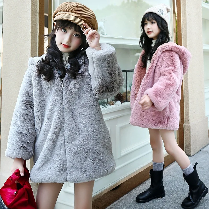 2018 Girls Winter Jackets Warm Faux Fur Fleece Coat Children Jacket Rabbit Ear Hooded Outerwear Kids Jacket for Girls Clothing