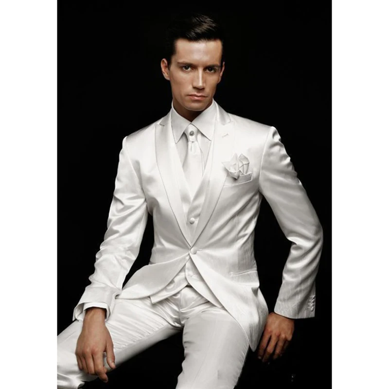 

New Slim Fit Custom Made One Button Groom Tuxedos Peak Lapel Best men Suit White Groomsman/Bridegroom Wedding/Prom mens Suits