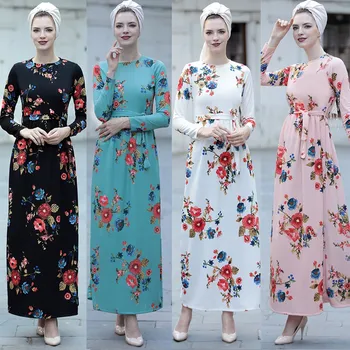 

New 2019 Fashion Qatar UAE Abaya Printed Lace Up Muslim Dress Dubai Turkish Caftan Marocain Ramadan Islamic Prayer Clothing