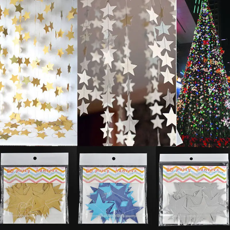 

4m Baby Shower Wall Hanging Star String Chain Card Paper Wedding Party Bunting Drop Garland Door Decoration Gold Silver Banner