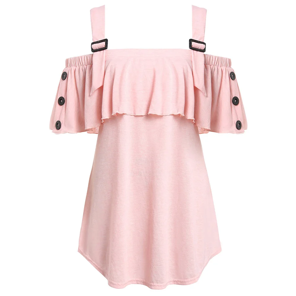 

ROSEGAL Plus Size Cold Open Shoulder Button T Shirt Women Flounce Sexy Top Square Neck Short Sleeve Casual Summer Tees 2019