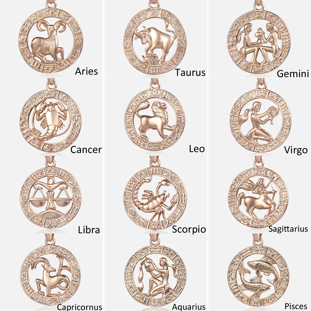 Women\'s Zodiac Sign Pendant 12 Constellation Charm 585 Rose Gold Color Necklace Aries Leo Scorpio 3mm Snail Jewelry GP278