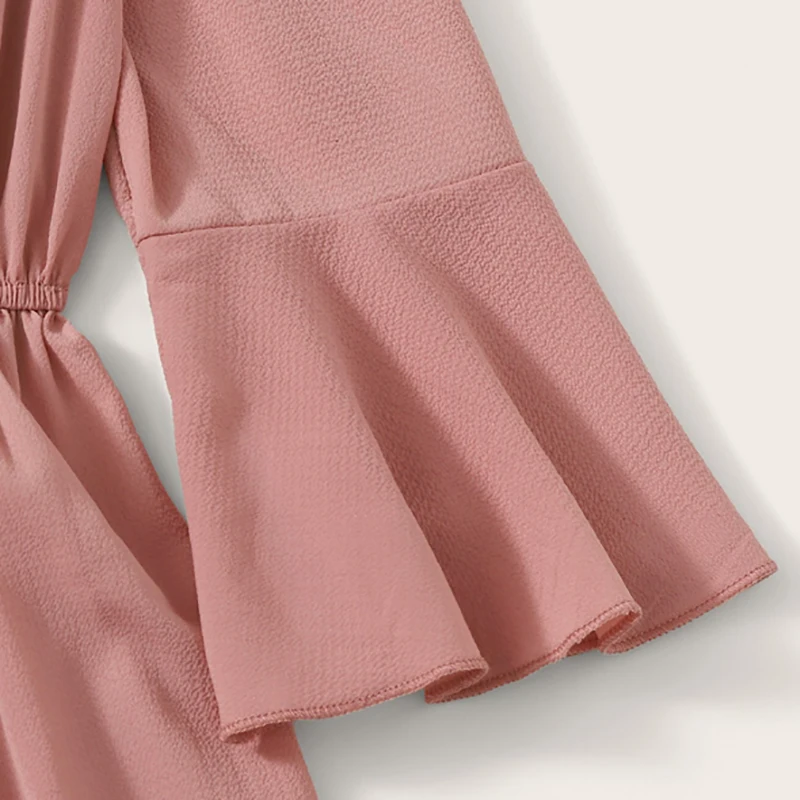 Dotfashion/розовый Одноцветный галстук спереди, костюм с открытыми плечами для женщин, 2019 летний Повседневный рукав-волан, женский комбинезон с