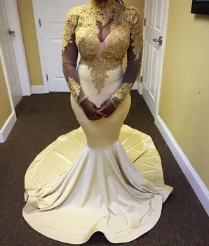 

White African Mermaid Evening Gowns White Gold Appliques High Neck Sheer Sleeve Prom Dresses Black Girl Plus Size Evening Dress