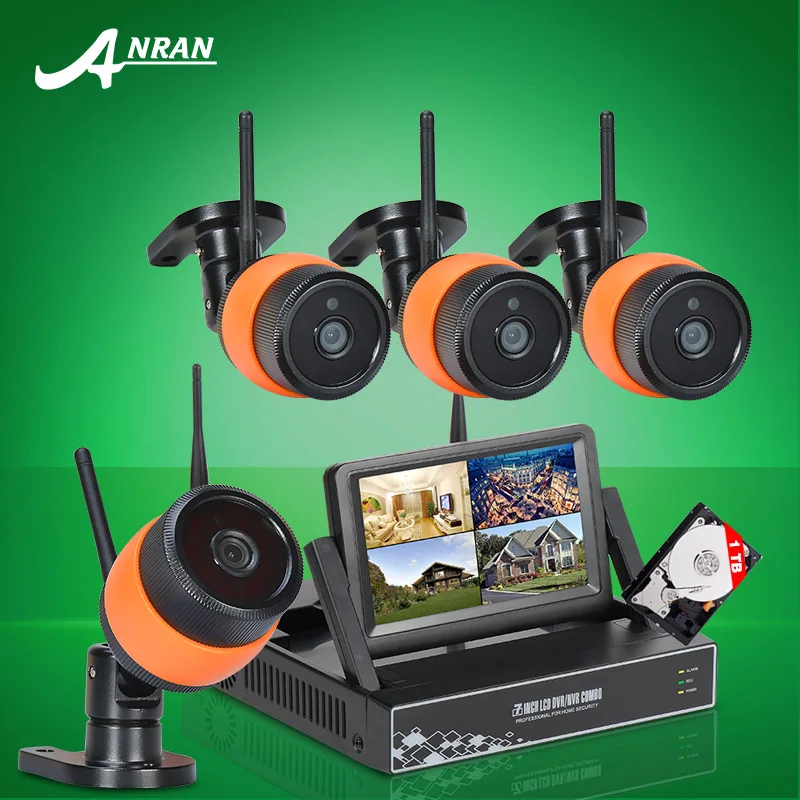 Newest ANRAN Plug&Play 4CH Surveillance System 7" LCD Screen Wireless NVR Kit 1TB HDD P2P 720P HD Outdoor IR WIFI IP Camera