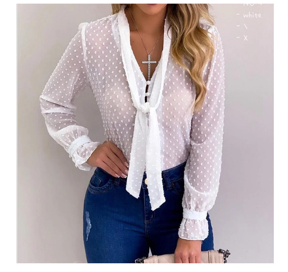 Fashion Elegant Bow Chiffon Blouse Women Loose Long Sleeve Womens Tops and Blouses Office Ladies V-Neck Slightly Transparent Shirt Plus Size S-5XL (3)