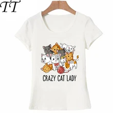 Crazy Cat женская футболка, забавные кошки, котенок, котенок, мем, подарки, футболка для любителей кошек, летняя Милая женская футболка классная, топы, женские футболки