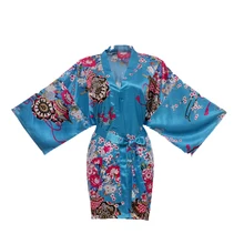 Синий цветок невесты свадебные халаты для женщин Атласный халат кимоно платье сексуальное летнее Короткое Ночное белье Ночная рубашка