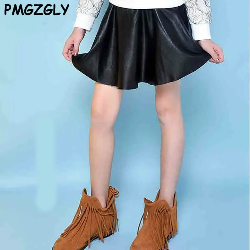 Girl Black Skirts Fashion PU Faux Leather jupe Elastic Waist Baby Girl