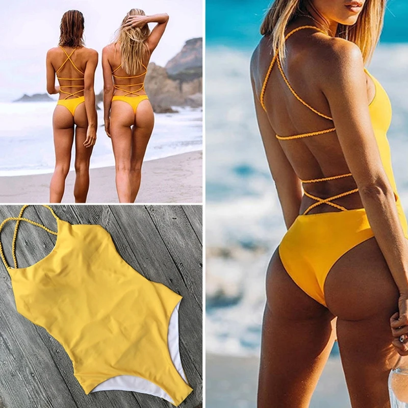 

Women Sexy Backless Halter Neck Bandage Solid Color Onepiece Swimsuit Swimwear