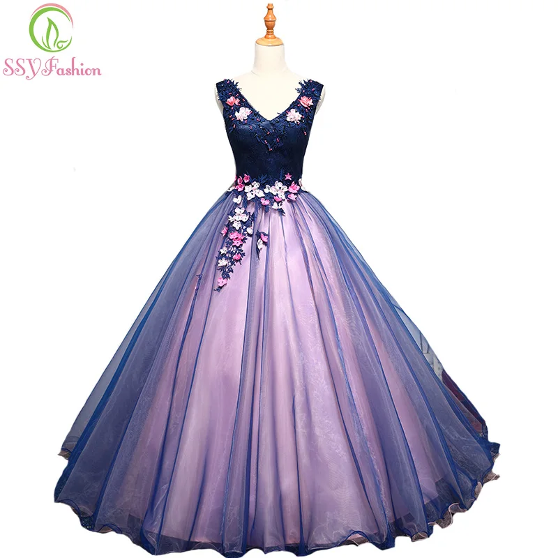 

SSYFashion New Sweet Lace Flower Evening Dress V-neck Sleeveless Luxury Banquet Floor-length Prom Party Formal Gowns Custom