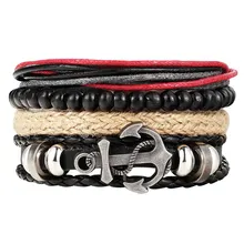 Fashion 1 Set 4PCS Men s anchor bracelet multi layer leather bracelet women s retro bead