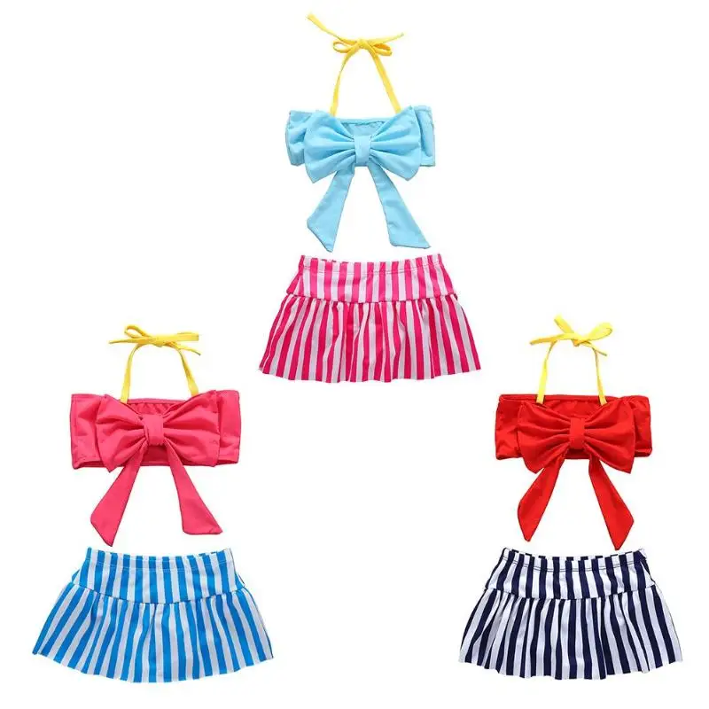 Baby Girls Swimwear Pink Striped Pattern Beach Wear Kids Girls Split Swimwear Halter Tops Stripe Culottes Summer Bathing Suit