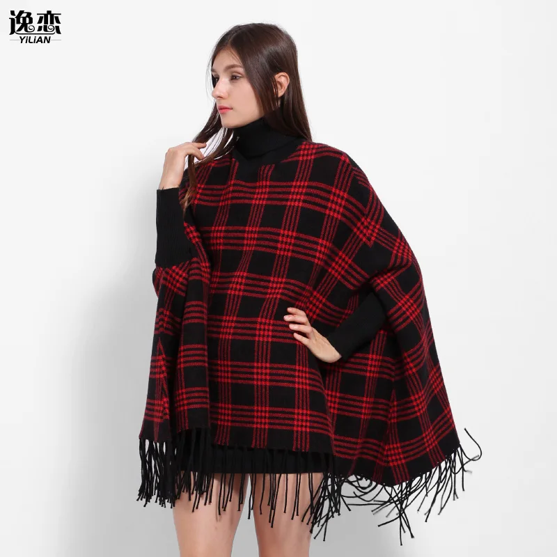 Donna Caldo Inverno Tartan Check Print Cape Scialle Poncho a Maglia