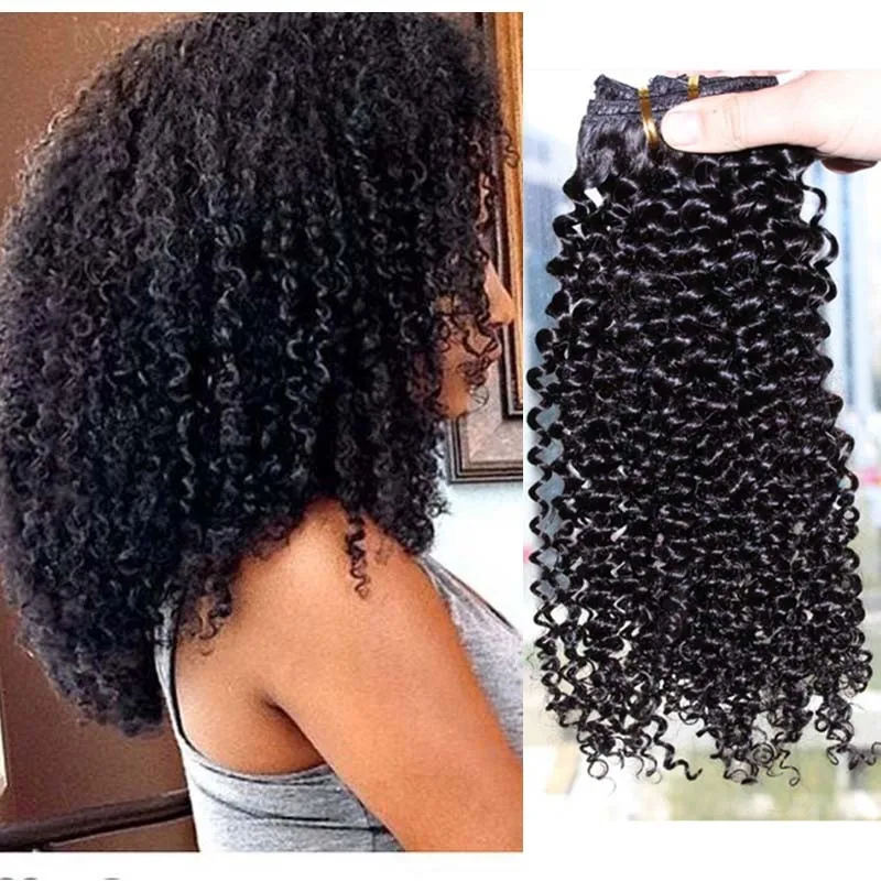 

Pretty Afro Kinky Curly Brazilian Clip In Hair 8pcs/set Natural Black Clip in Hair Extensions Human Real Hair 100g in Stock