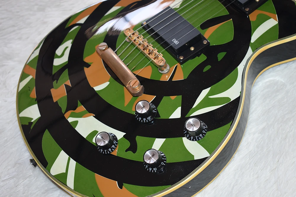 Factory Custom Electric Guitar with Camo Pattern,Gold Hardware,Block White Pearl Frets Inlay,High Quality,Can be Customized