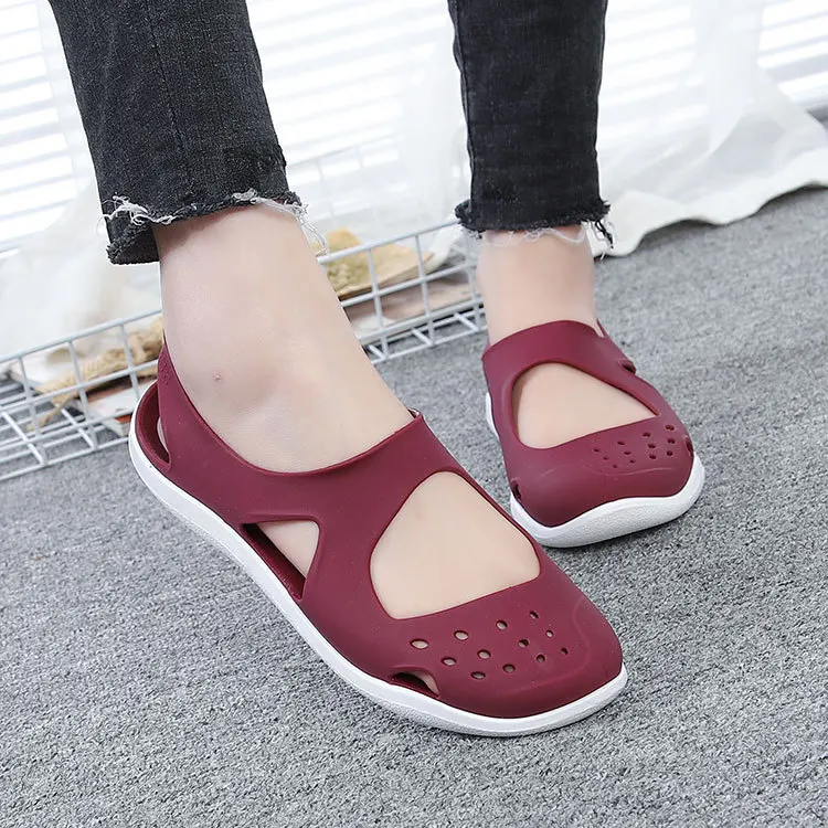 E TOY/прозрачная обувь женская летняя обувь мягкие пляжные женские сандалии на плоской подошве без застежки Baotou г. Летние женские сандалии - Цвет: Red wine