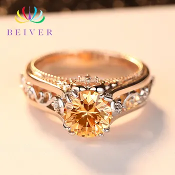 

Beiver Romantic decorative pattern Rose Gold Ring High Quality AAA+ Champagne Cubic Zirconia Engagement Gift for Women