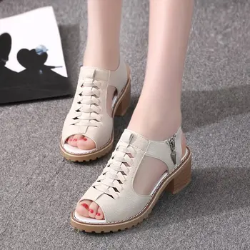

New Women's Sandals Square heel Summer Shoes Peep Toe Cross Tied Side Zip Woman Platform Shoes Zapatos Muje