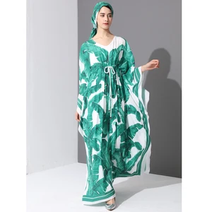 Image 3 - איכות גבוהה 2017 מסלול אופנה מעצב מקסי שמלת נשים של עטלף שרוול ירוק עלה דקל פרחוני הדפסת Loose מקרית ארוך שמלה