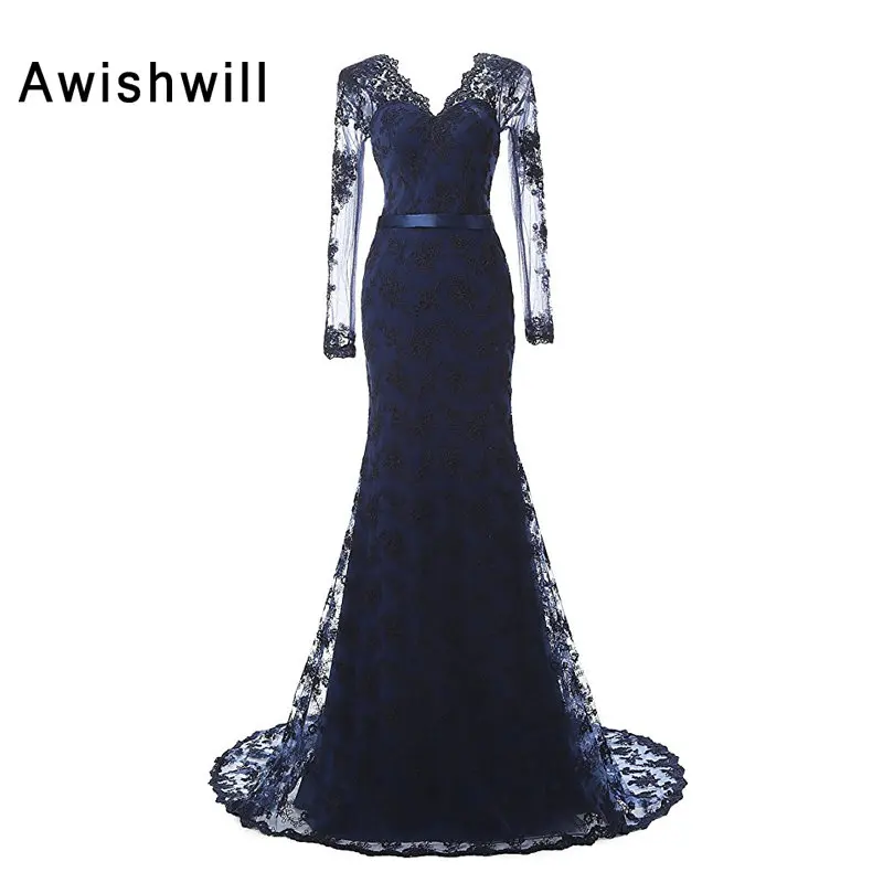 

Real Photo 2017 Elegant Formal Long Sleeves Gown Lace Evening Dresses V-neck Navy Blue Color Women Party Dresses