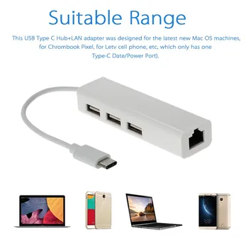 

USB 3.1 Type C USB-C Multiple 3 Ports Hub with Ethernet Network LAN Cable Adapter For Macbook & Chromebook