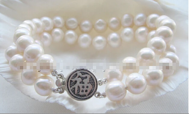 

Beautiful 8" 2row 10mm natural white round freshwater pearl bracelet- 925silver"^^^@^Noble style Natural Fine jewe SHIPPING 6.2