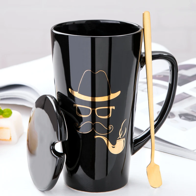 

Wholesale Creative Ceramic Cup Personality Coffee Mug With Lid Spoon High Temperature Baking Gold Drawing Drinkware Novetly Gift