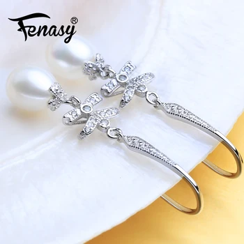 

FENASY Cute Bowknot Fine Jewelry Drop Earrings Bohemian Natural Pearl Earrings For Women 925 Sterling Silver Long Earrings