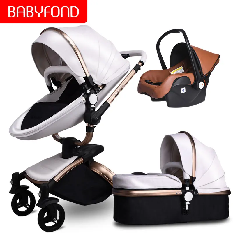 Быстрая! Роскошная детская коляска 3 в 1 для новорожденных, брендовая детская коляска из искусственной кожи, безопасная детская коляска для детей от 0 до 3 лет - Цвет: white-brown 3 in 1