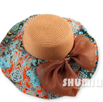 10 шт./партия,, богемный стиль, женская широкая, с мягкими полями, Цветочная летняя пляжная шляпа, шляпа, соломенная шляпа Кепка с большим бантом - Цвет: 1