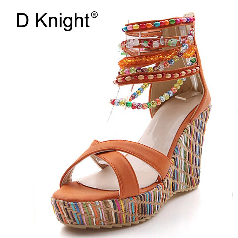 Plus Size 43 Bohemian Women Wedges Sandals Ethnic String Bead Summer Platform Shoes Woman