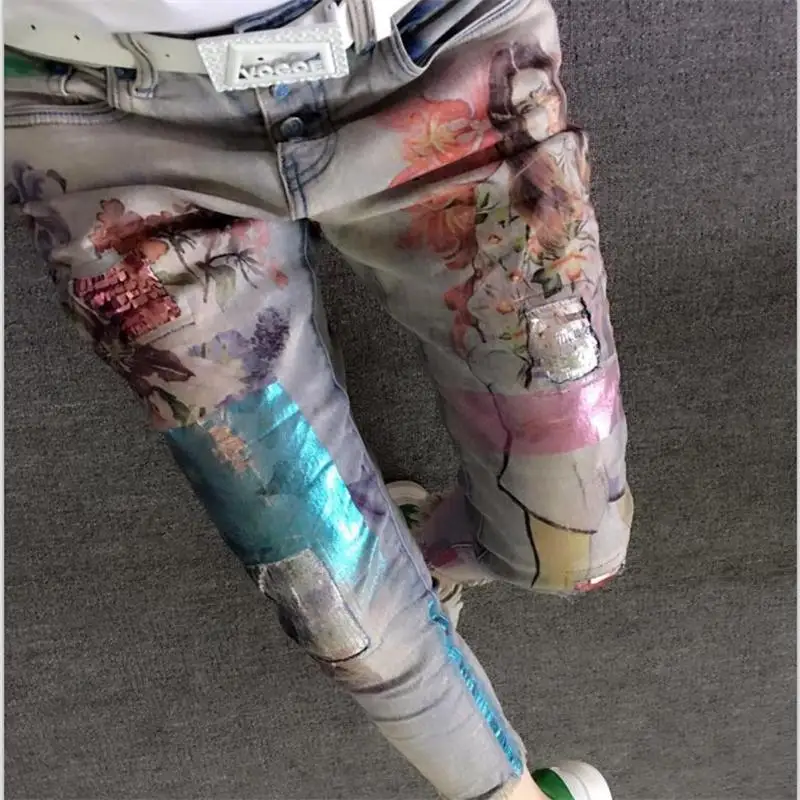 Flores Pantalones Azul 2018 De Largos Belleza Flaco Moda Primavera Oro Jeans Señoras Otoño Denim Lápiz 3d Europa Pintura Mujer OxqTwUqB