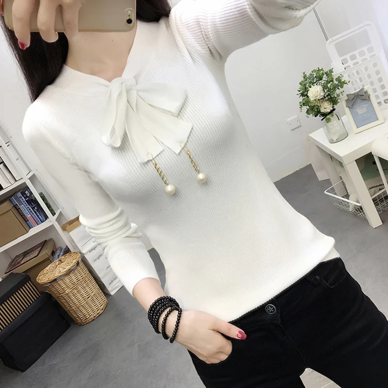 Winter Tops For Women 2018 New Bow Beading Lace Up  Knitted Sweater Women Sweaters And Pullovers High Elasticity Woman Sweaters