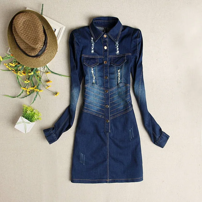 

Fashionable Women Casual Vintage Hole Pack hip Sexy Denim dress Fashion full-sleeve Blue dresses for wholesale SK6569