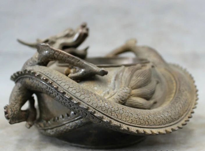 

song voge gem S3089 8" Folk Chinese 100% Pure Bronze Copper Myth Dragon Head Statue Bowl Ashtray