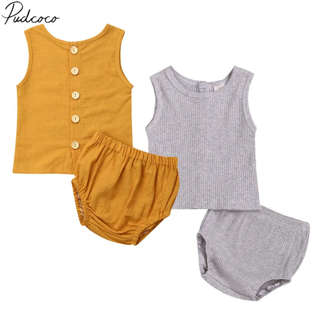 

2019 Baby Summer Clothing Infant Newborn Baby Boy Girl Cotton Linen Outfit Sets Solid Sleeveless T-shirt Tops Shirt Shorts Pants