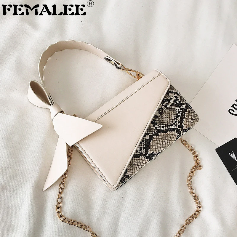 

FEMALEE Luxury Designer Handbags Snake Pattern Messenger Female Bow Panelled Shoulder Bags Patchwork Gold Chain Crossbody Bags