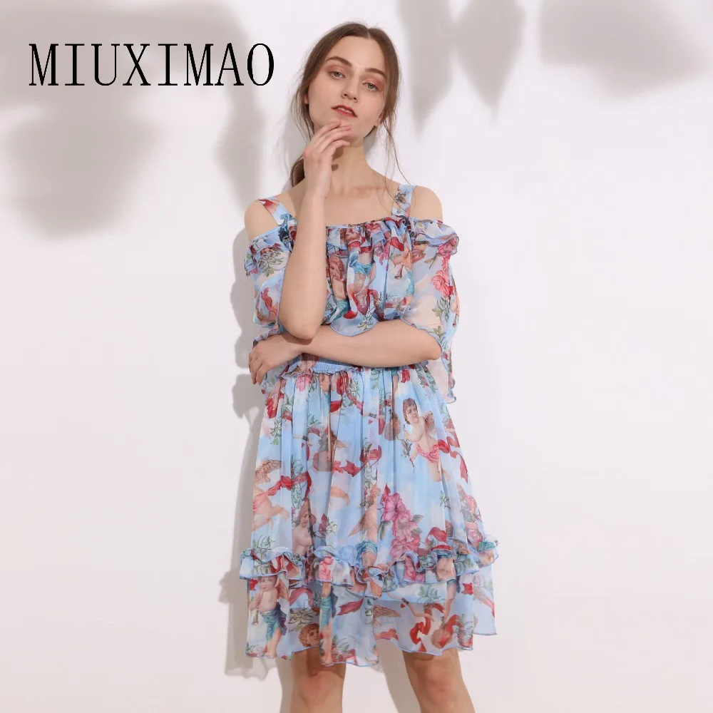 

2019 Summer & Spring New Arrival A-Line Slash Neck Short Sleeve Spaghetti Strap Ruffles Print Above Knee Dress Women