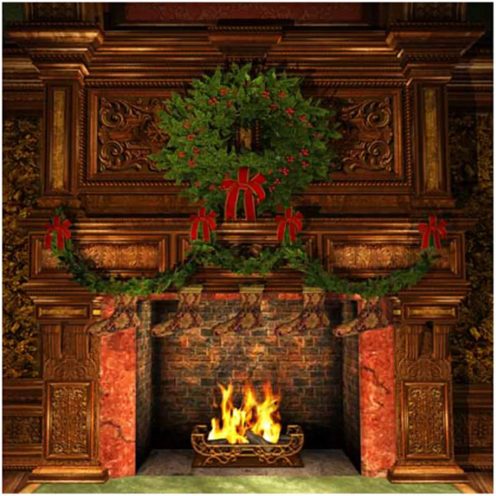 Indoor Fireplace Christmas Photography Backdrops Vintage Furniture Green Pine Garland Socks Kids Photo Background Wood Floor