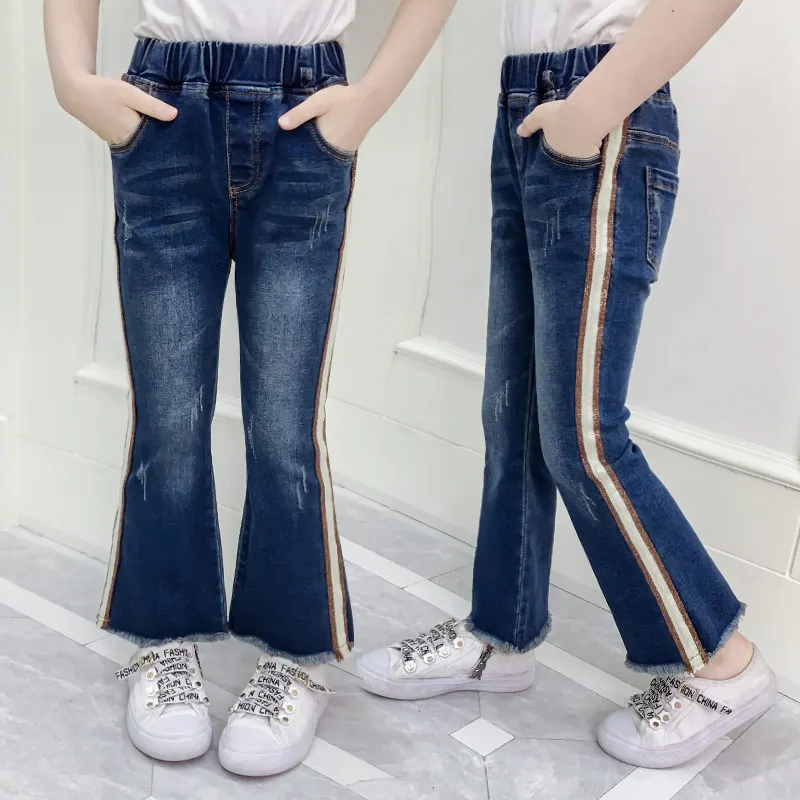 Kids Girl High Waist Vintage Big Bell Bottom Jeans For Girls Teenagers Side Striped Jeans Bell Bottom Toddler Denim Trousers
